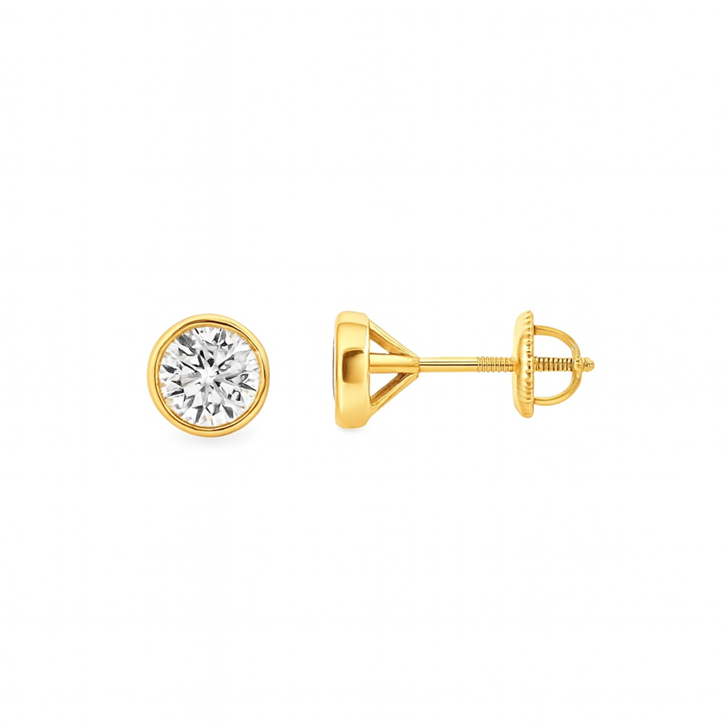 14K yellow gold bezel-set lab diamond stud earrings with screw backs – Solomon Jeweler.