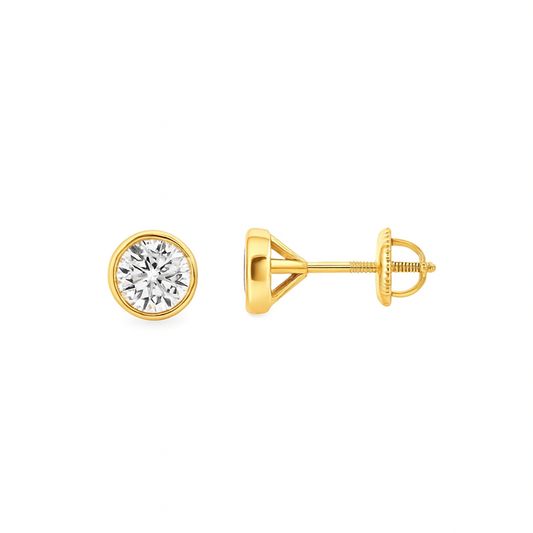 14K yellow gold bezel-set lab diamond stud earrings with screw backs – Solomon Jeweler.