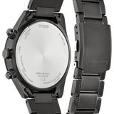 Black Citizen watch with a detailed back view on a white background