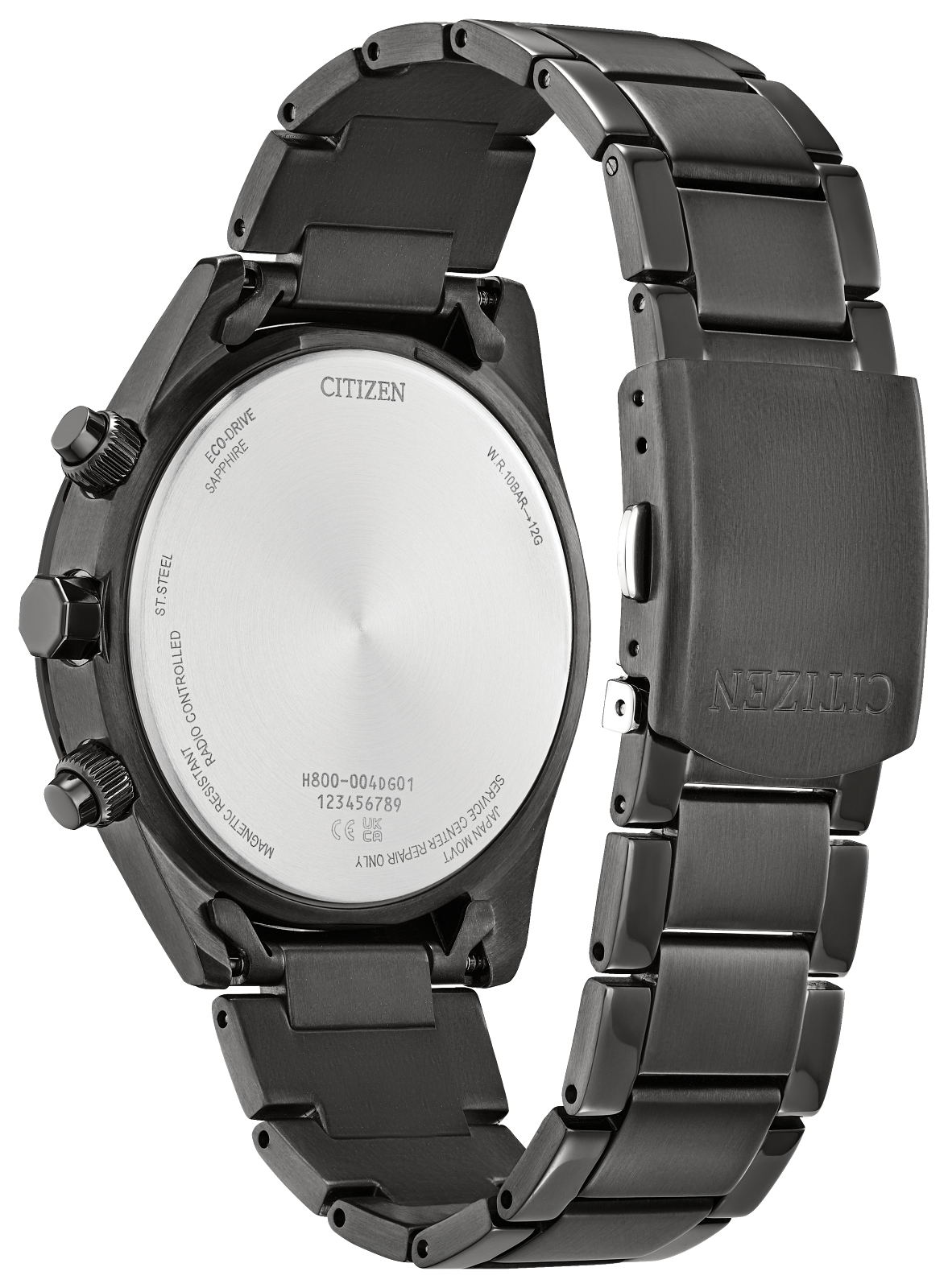 Black Citizen watch with a detailed back view on a white background