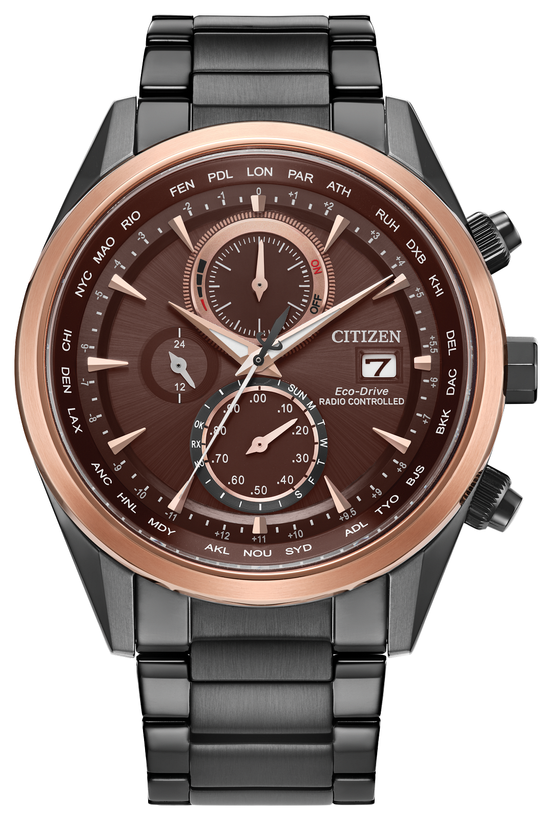 Citizen Eco-Drive Rado Controlled chronograph watch with a dark brown dial, rose gold bezel, and black stainless steel case and link bracelet.