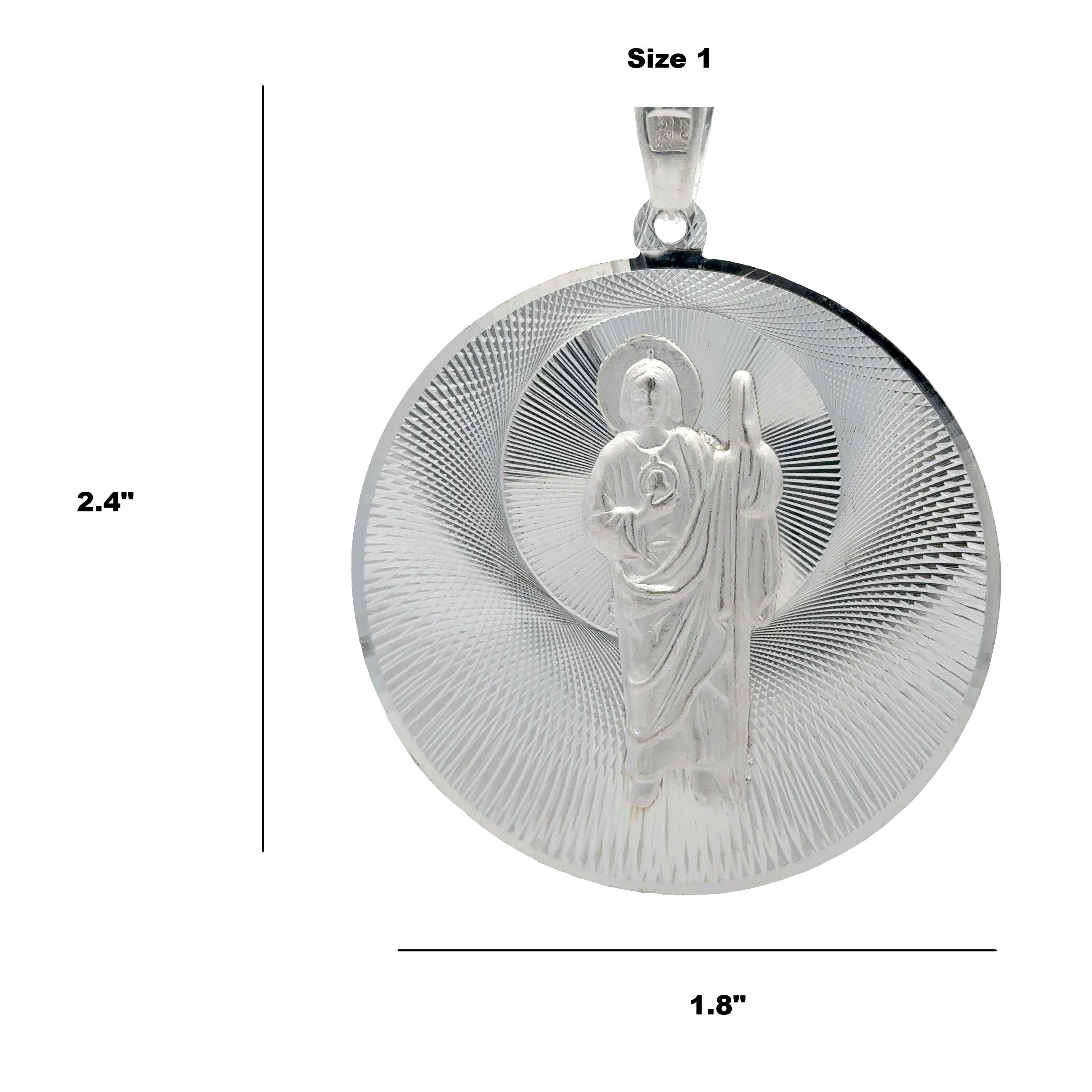 Round 925 sterling silver Saint Jude medallion pendant with a raised religious figure, staff, and diamond-cut sunburst design