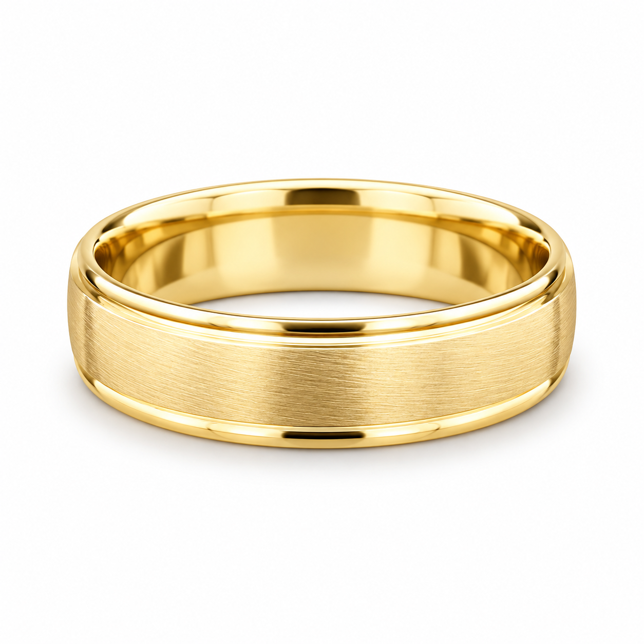 Brushed yellow gold men’s wedding band with polished step raised edges available at Solomon jeweler Wichita Kansas.
