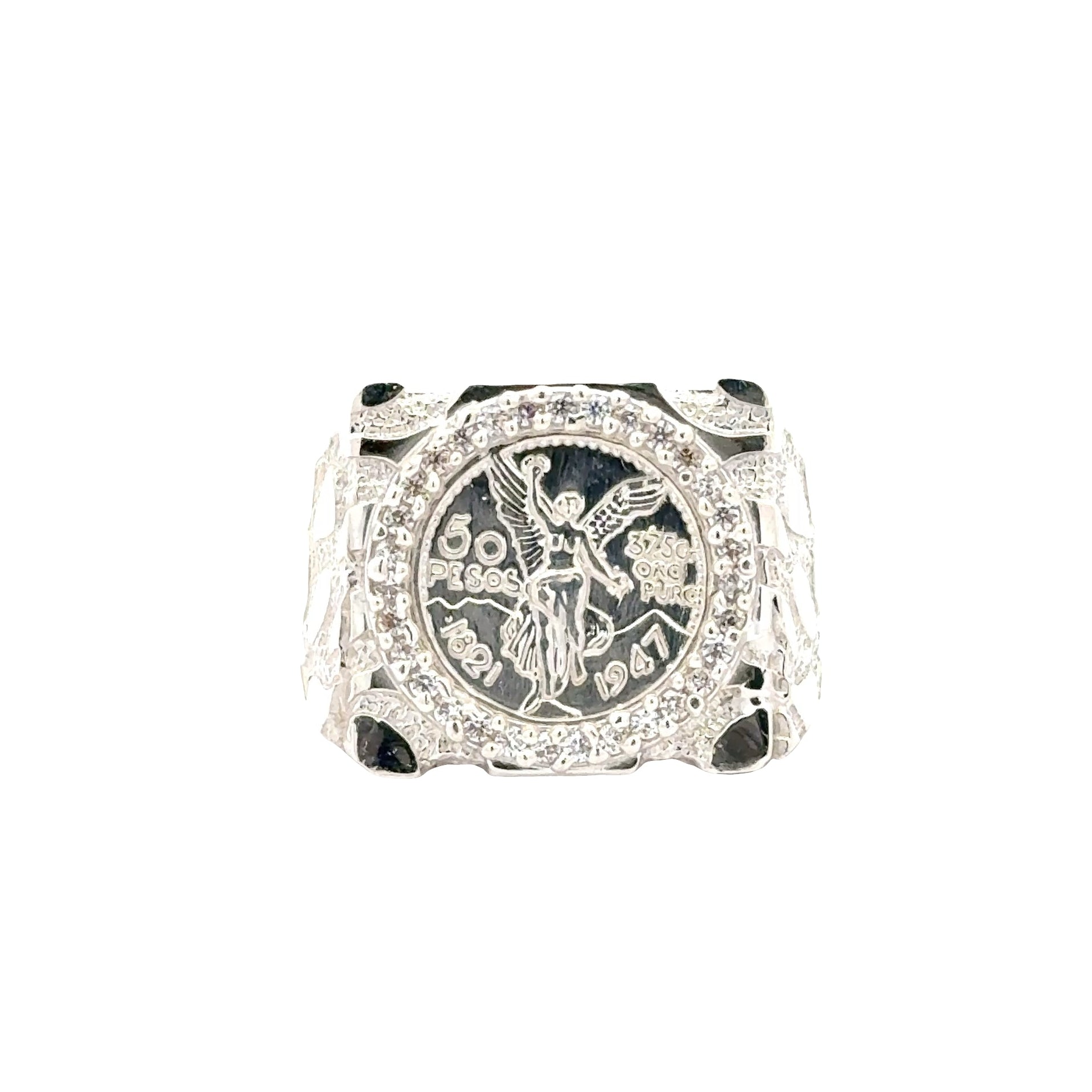 Sterling silver 50 peso centenario coin ring with winged victory design from Solomon Jeweler