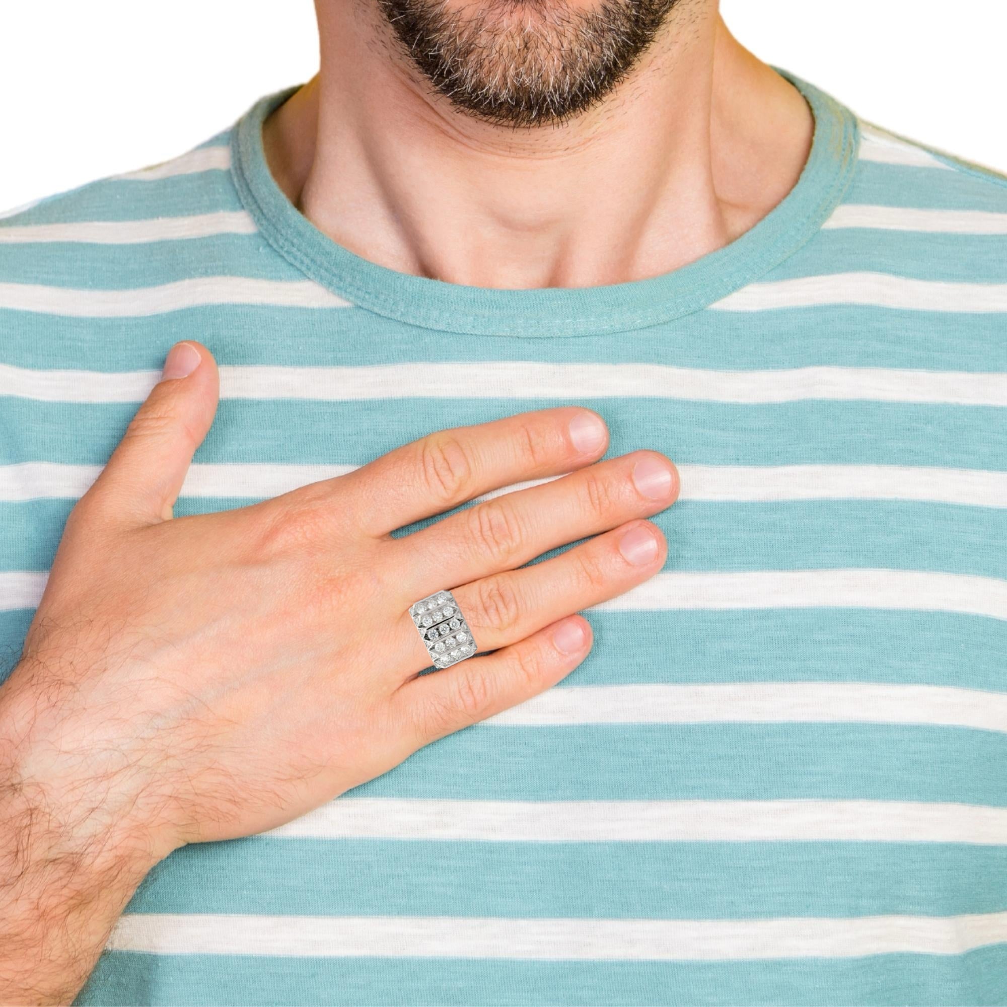 Sterling silver men's diamond ring with multi-row design featuring lab-grown diamonds, crafted by Solomon Jewelers.