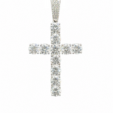 Sterling silver moissanite cross pendant with round brilliant stone, religious necklace from Solomon Jewelers.