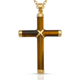 A gold cross pendant necklace featuring a tiger's eye inlay with a central gold Chi-Rho symbol, shown on a white background.