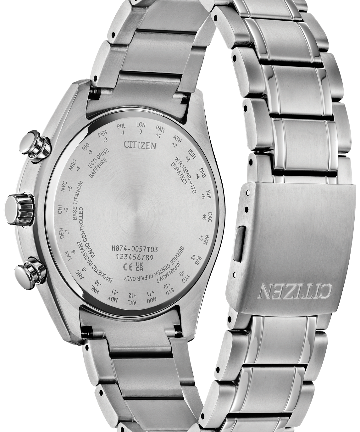 A close-up studio shot of a Citizen stainless steel watch showing the back of the case and metal link bracelet. The brand name CITIZEN is visible on the back of the case and engraved on the clasp.