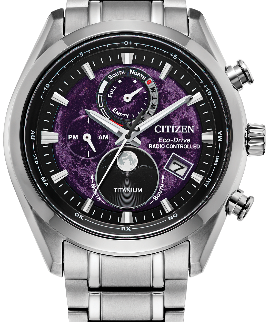 Citizen Eco-Drive SARDI-controlled Titanium watch with a silver stainless steel link bracelet, featuring a black and purple dial with day, date, and chronograph subdials.