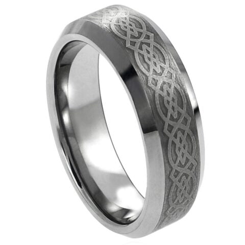 Tungsten Band with Laser Engraved Celtic Pattern available at Solomon Jewelers.