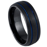Black Brushed Tungsten Wedding Band with Double Blue Grooves