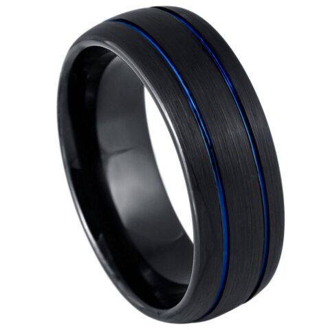 Black Brushed Tungsten Wedding Band with Double Blue Grooves
