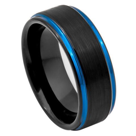 Tungsten Band Black with Blue Brushed Finish Stepped Edge