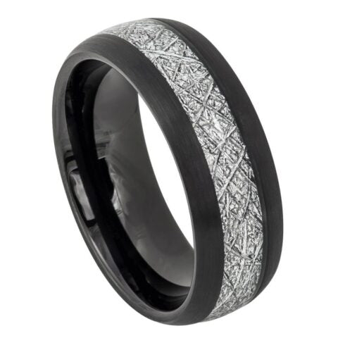 Tungsten Ring Black with Imitation Meteorite Inlay