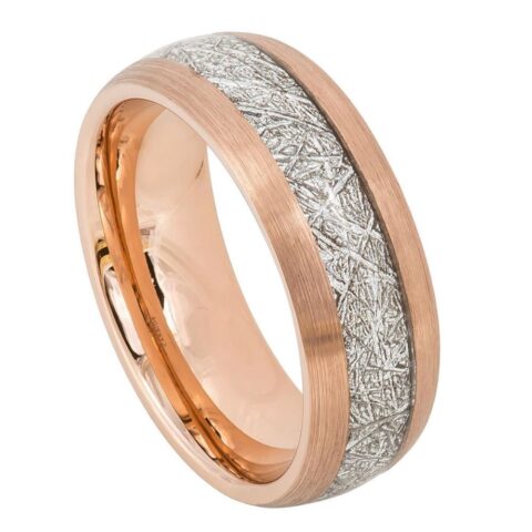Tungsten Band Semi-Domed Rose Gold Tone with Imitation Meteorite Inlay