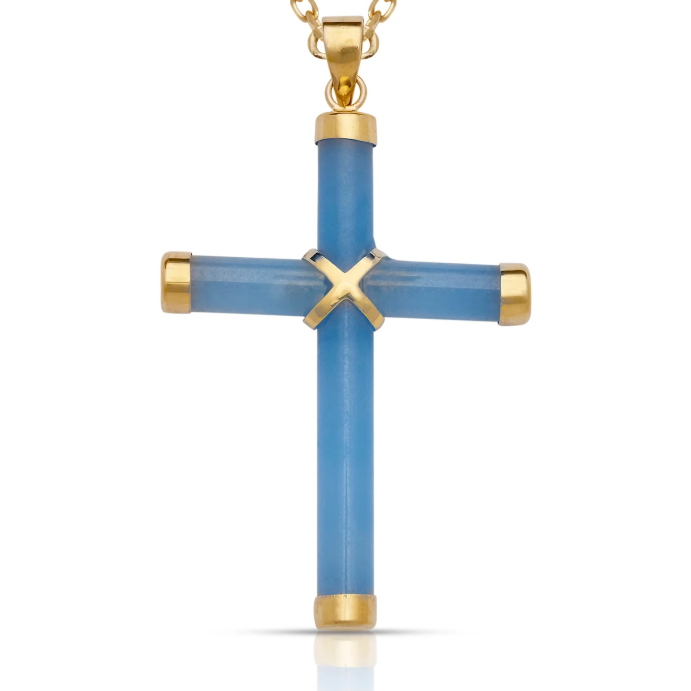 A gold cross pendant necklace featuring a light blue central column and horizontal bar, accented with a gold 'X' at the center and gold caps at the ends, shown on a white background.