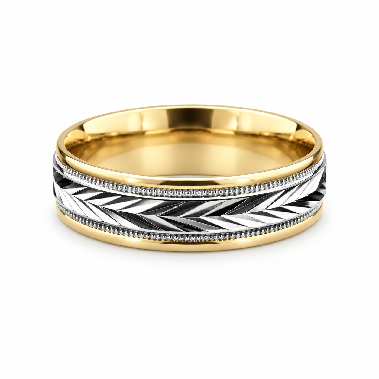 Two-tone men’s gold wedding band with a white-gold chevron pattern, black accents, and yellow-gold edges.