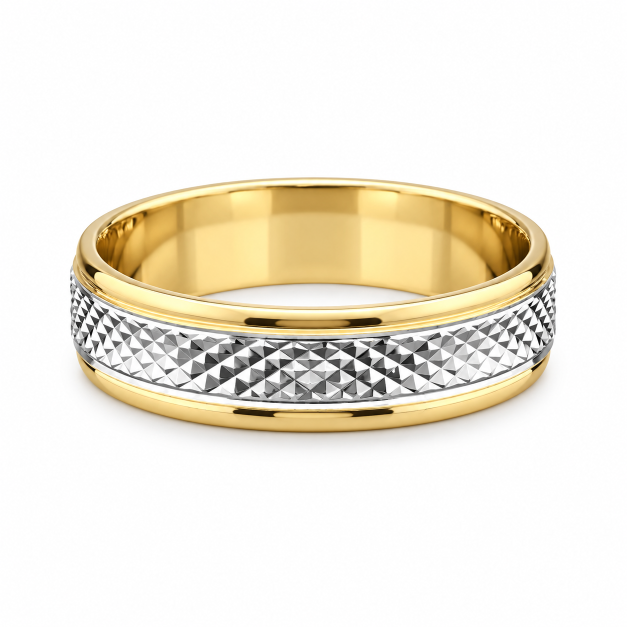 Two-tone men’s wedding band with a faceted white-gold center and polished yellow-gold edges on a white background.