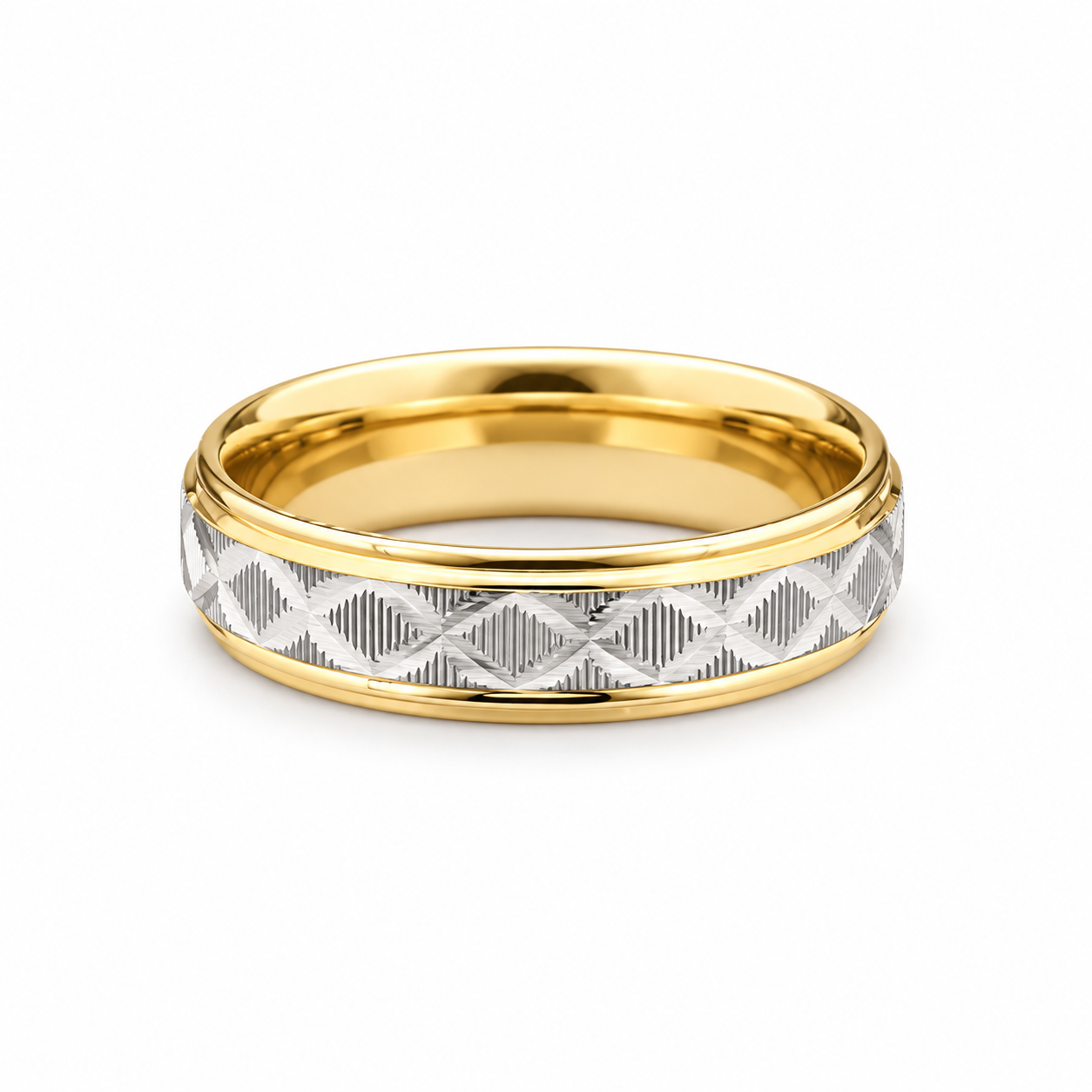 Two-tone yellow and white gold wedding band with engraved diamond pattern on a white background