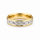 Two-tone yellow and white gold wedding band with engraved diamond pattern on a white background