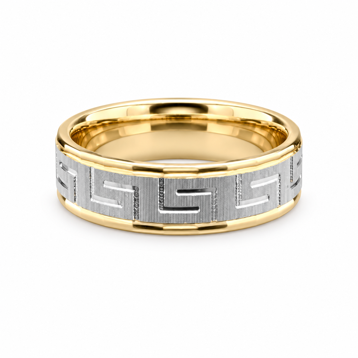 Two-tone yellow and white gold men’s wedding band with a textured Greek-key pattern.