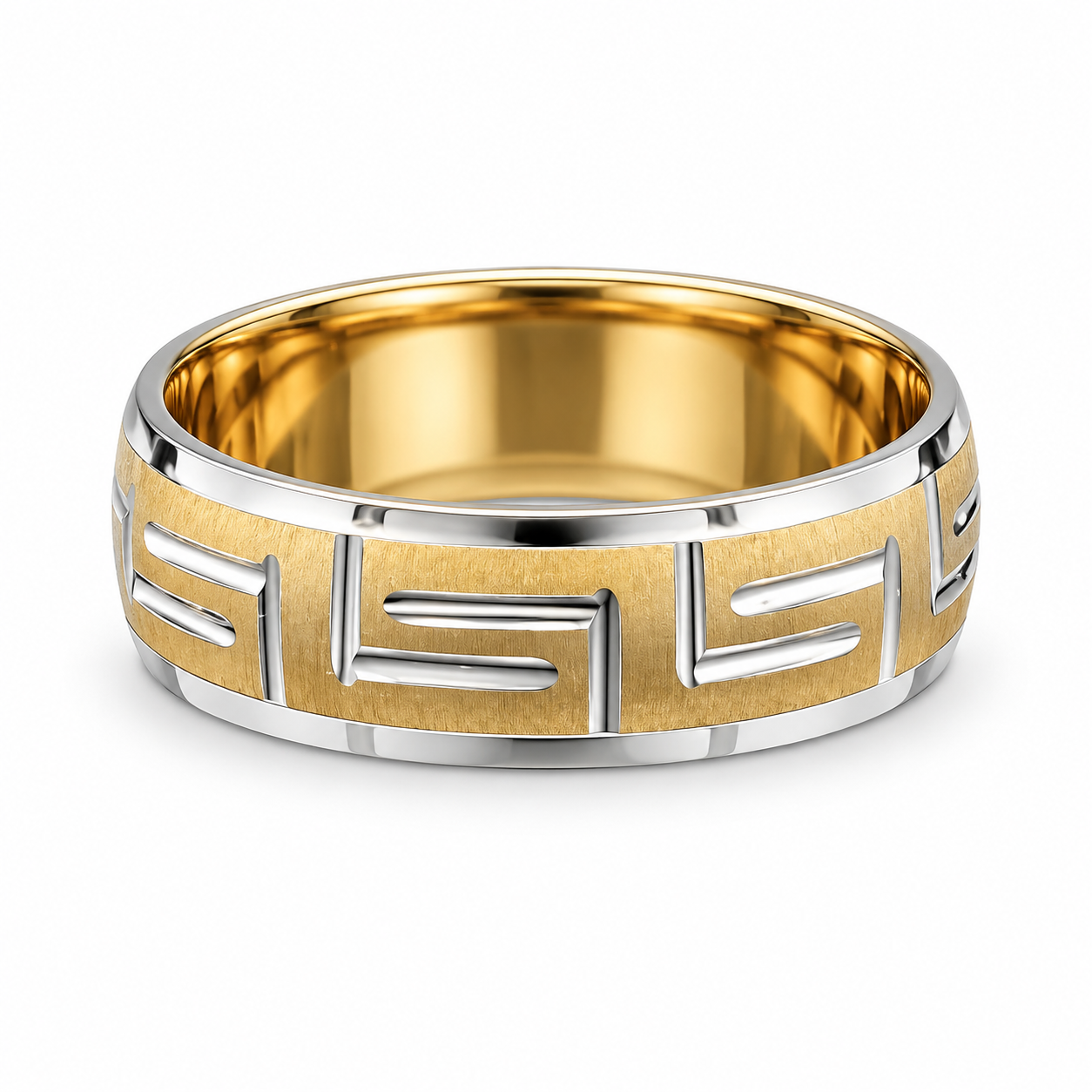 Two-tone men’s gold wedding band with a white-gold Greek key pattern and brushed yellow-gold center.