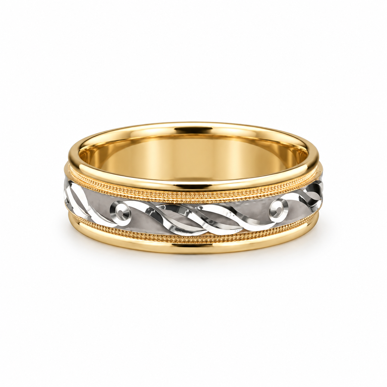 Two-tone yellow and white gold wedding band with leaf pattern and milgrain borders on a white background