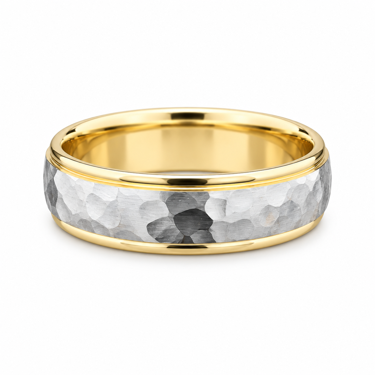 Two-tone men’s wedding band with a hammered white-gold center and polished yellow-gold edges.
