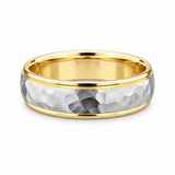 Two-tone men’s wedding band with a hammered white-gold center and polished yellow-gold edges.