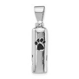 Sterling silver cylinder with paw print ash holder urn pendant designed to hold a small portion of ashes. A timeless memorial necklace for remembrance and comfort.