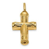 14K yellow gold urn cross pendant necklace, religious jewelry with a detailed cross design, by Solomon Jewelers.