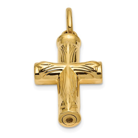 14K yellow gold urn cross pendant necklace, religious jewelry with a detailed cross design, by Solomon Jewelers.