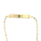 Valentino tri-color 10K gold baby ID bracelet with engraved plate, crafted by Solomon Jewelers, displayed on a neutral background.
