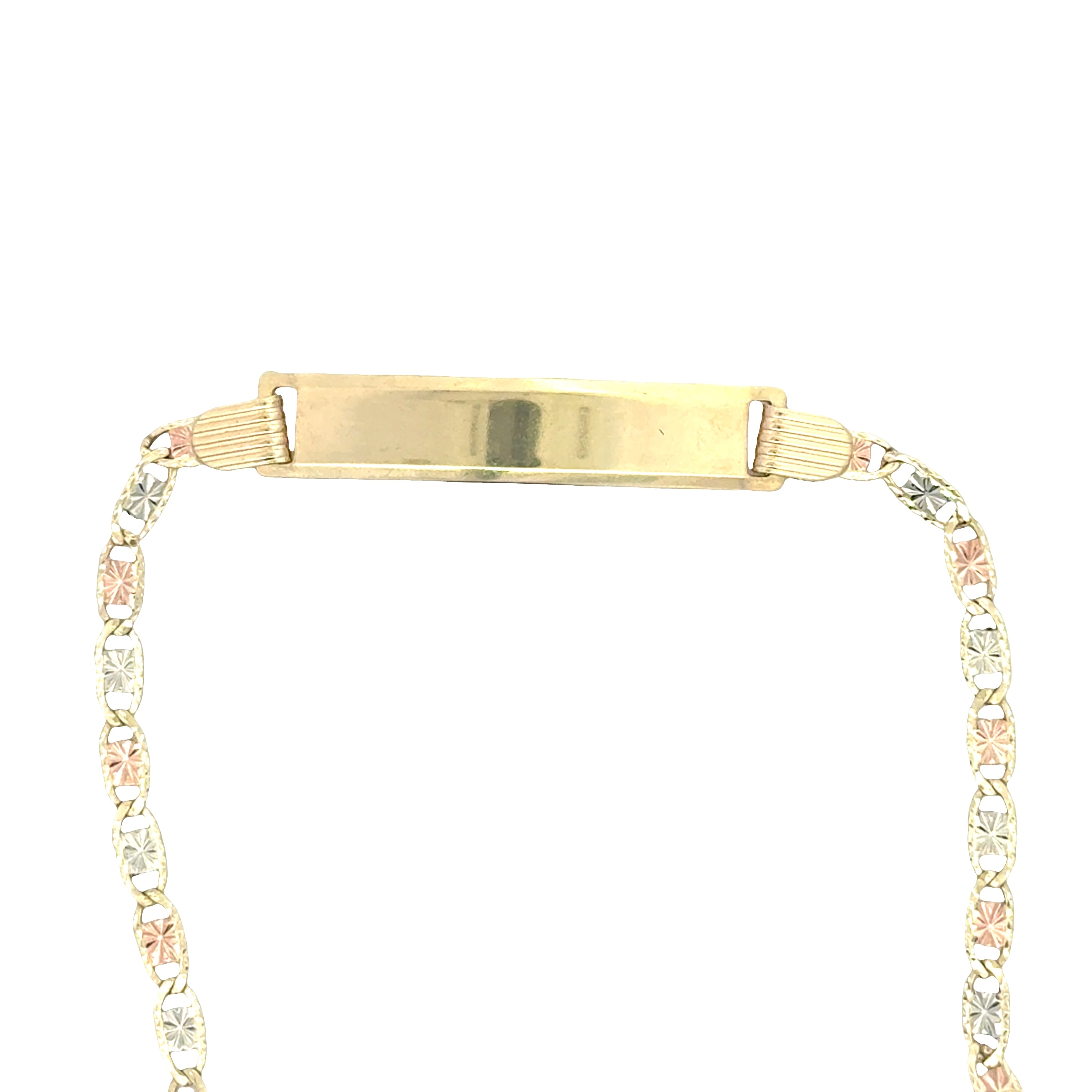 Valentino tri-color 10K gold baby ID bracelet with engraved plate, crafted by Solomon Jewelers, displayed on a neutral background.