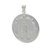 sterling silver double-sided Jesus and Virgin Mary medallion pendant showing Jesus with the Sacred Heart and a floral border