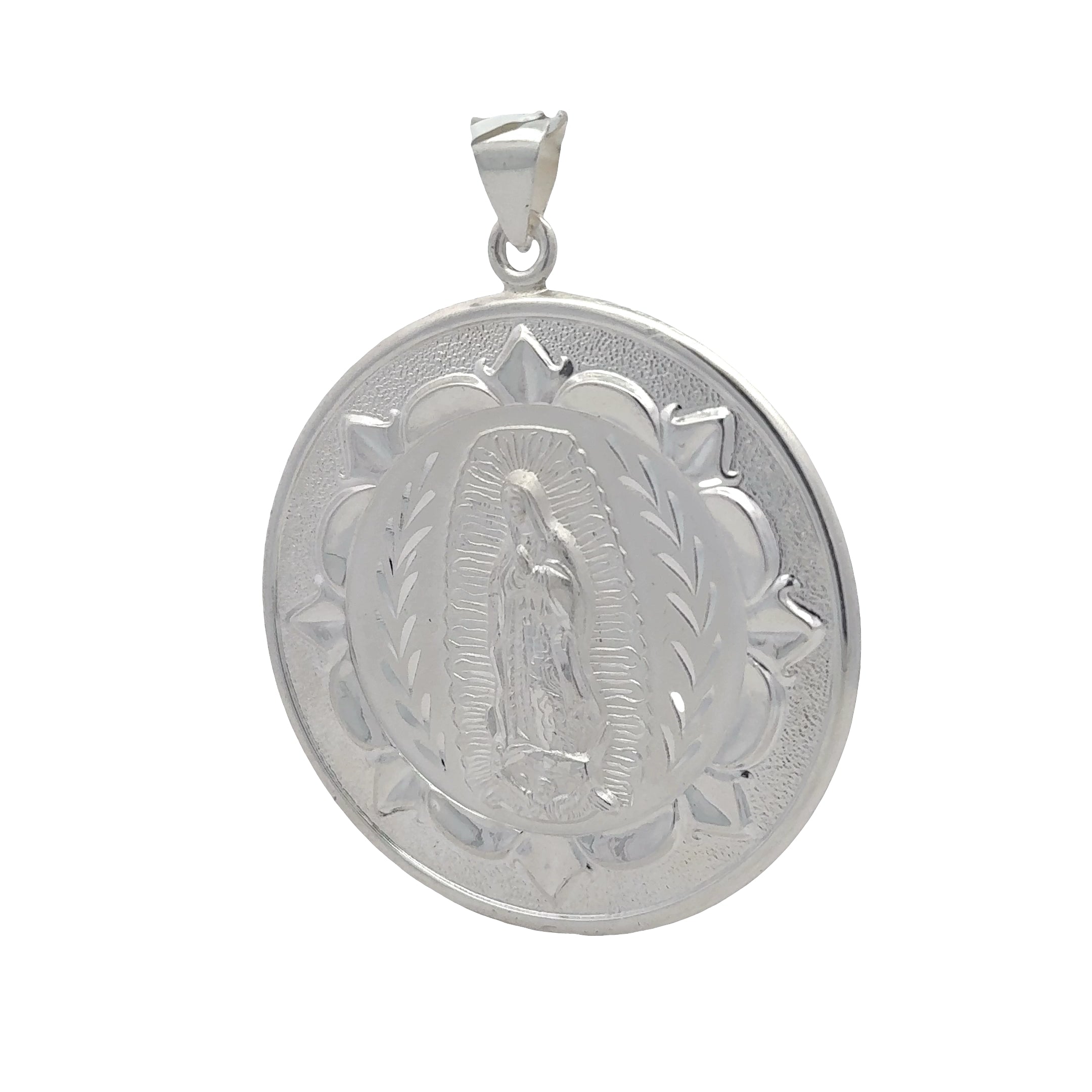 sterling silver double-sided Jesus and Virgin Mary medallion pendant showing Jesus with the Sacred Heart and a floral border