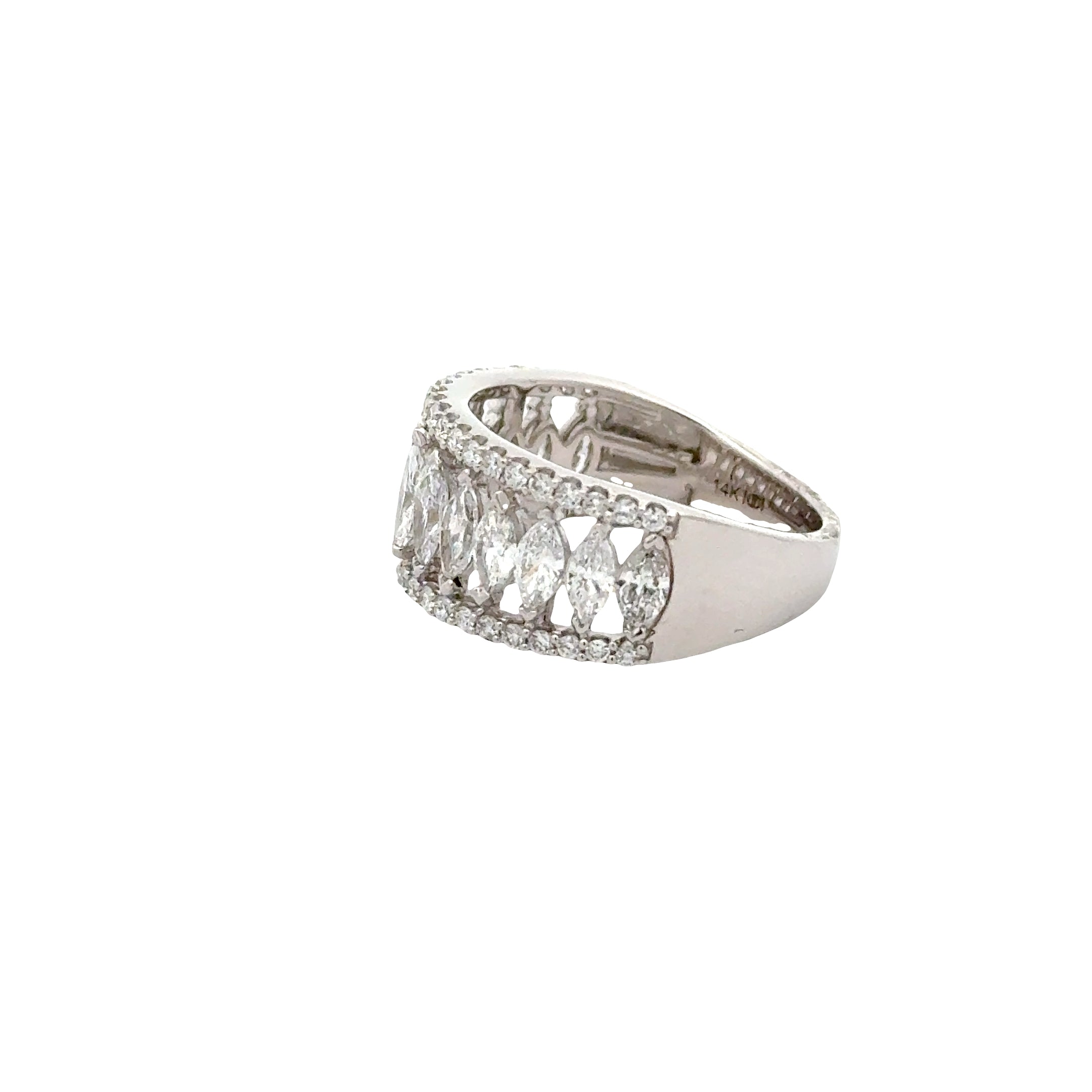 14K white gold diamond wedding band with marquise and round-cut lab-grown diamonds, elegant anniversary ring by Solomon Jewelers