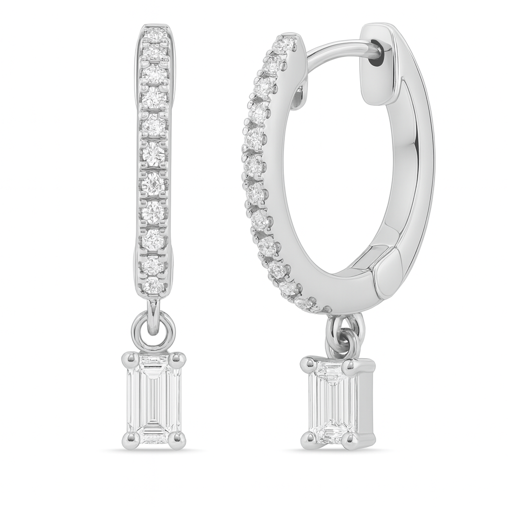 14 karat gold and diamond emerald cut drop hoop earrings