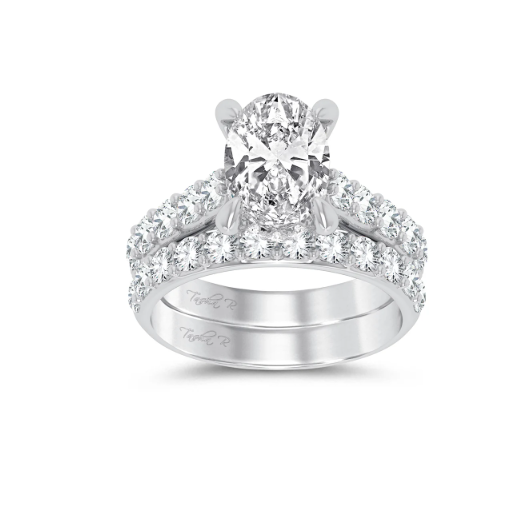 14K white gold lab diamond solitaire bridal set with Oval Center stone and hidden halo