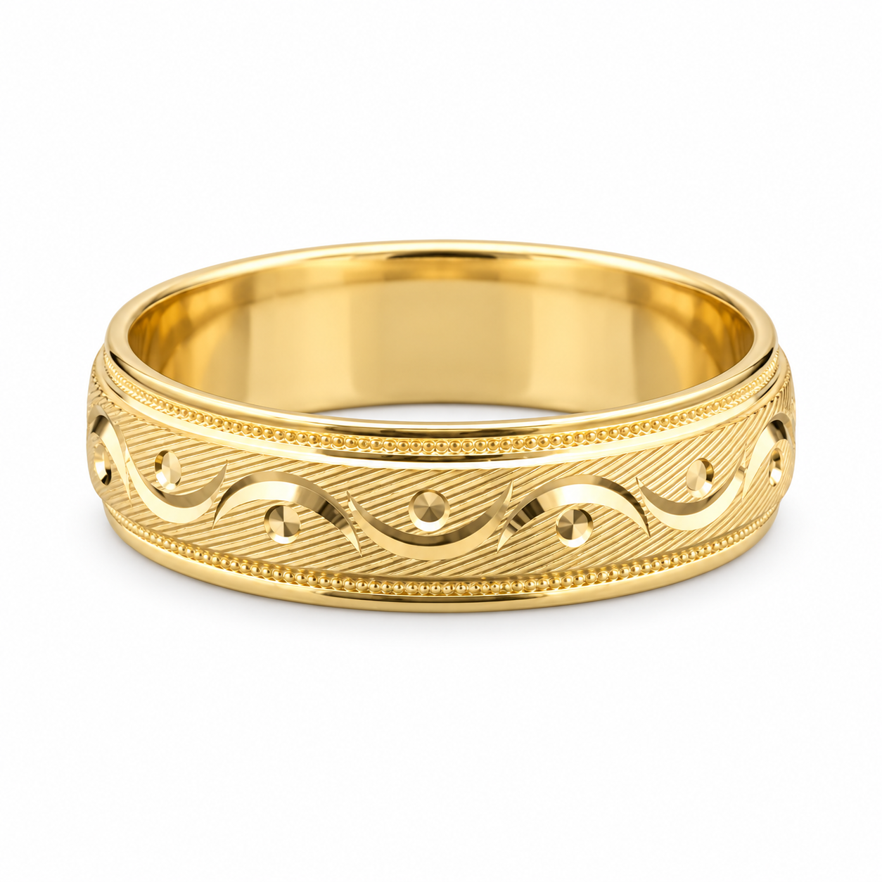 Yellow gold men’s wedding band with polished scroll pattern, circular accents, and milgrain edges available at Solomon Kansas.