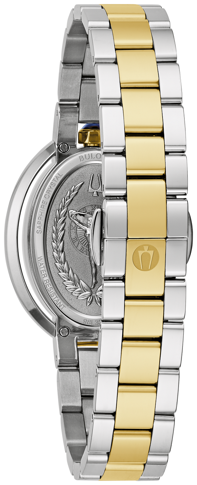 A close-up studio shot of a Bulgari watch showing the polished silver-toned case back with an engraved eagle and laurel design, paired with a two-tone metal link bracelet featuring alternating silver and yellow gold links.