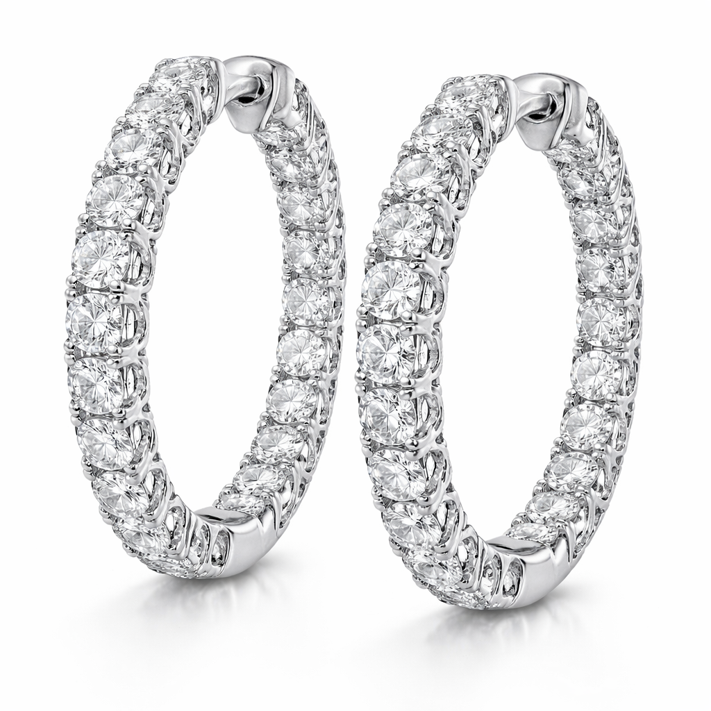 Women's 10K gold inside-out lab diamond hoop earrings with sparkling diamonds, showcasing a classic and elegant jewelry design.