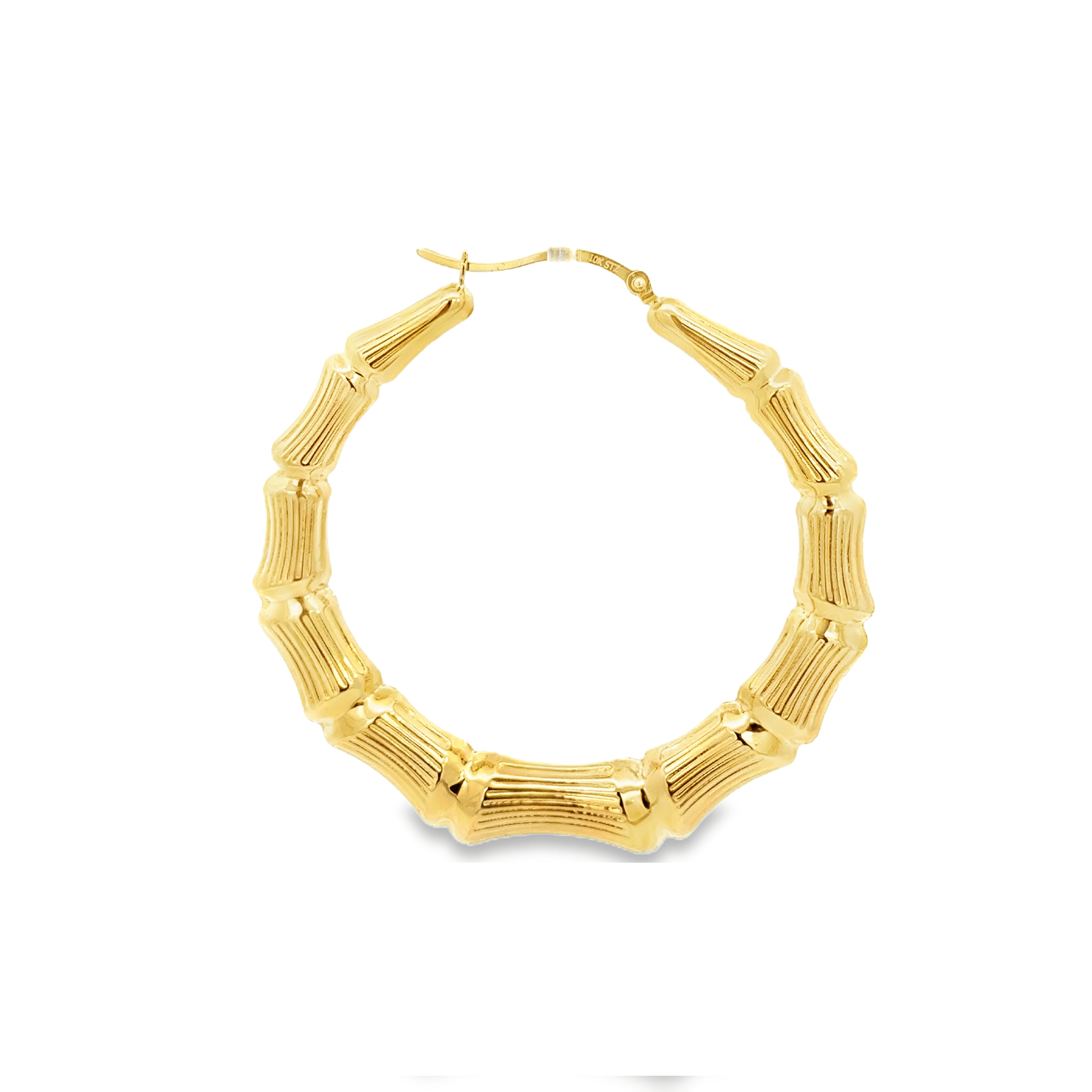 Yellow gold bamboo hoop earrings with classic bamboo styling from Solomon Jewelers