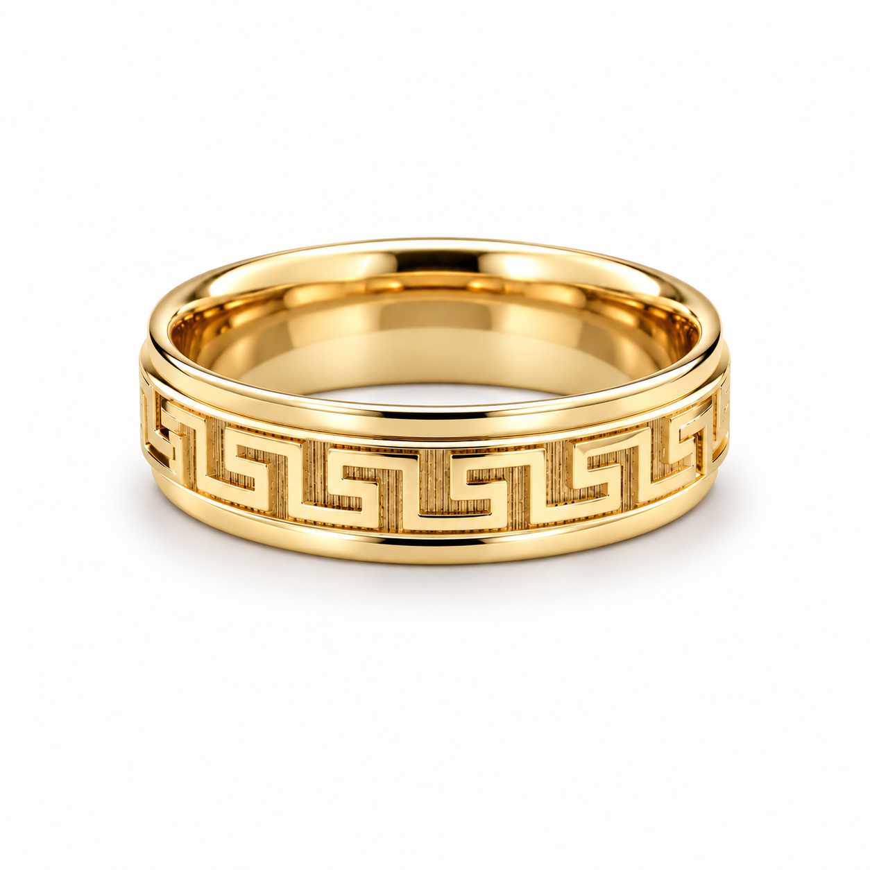Yellow gold men’s wedding band with a Greek-key pattern, textured center, and smooth polished borders.