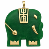 Shop a green jade elephant pendant with polished yellow gold accents—a distinctive symbol of strength, wisdom, protection and good fortune.