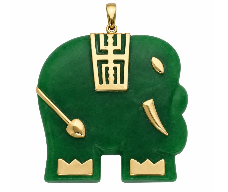 Shop a green jade elephant pendant with polished yellow gold accents—a distinctive symbol of strength, wisdom, protection and good fortune.