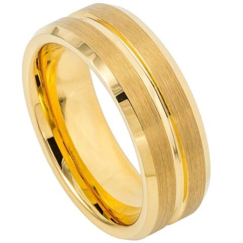 Tungsten Ring Yellow Gold IP Plated?Grooved Center Brushed Beveled Edge – 8mm