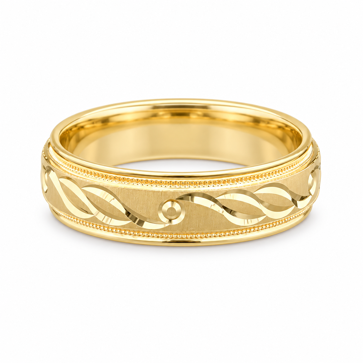 Yellow gold men’s wedding band with polished infinity pattern and milgrain edge available at Solomon Jeweler kansas.
