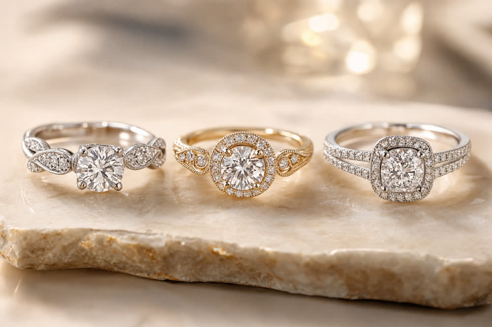 Luxury engagement rings on ivory stone