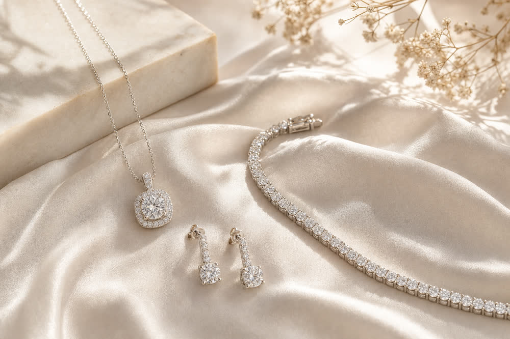 Fine diamond jewelry on ivory silk